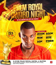 an advertisement for the royal award night with a man in red shirt and gold necklace