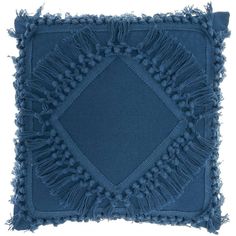 a blue square pillow with fringes on the front and back of it, against a white background