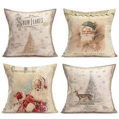 four christmas pillows with santa claus and snowflakes