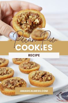 pecan pie cookies on a white plate with text overlay that says pecan pie cookies recipe