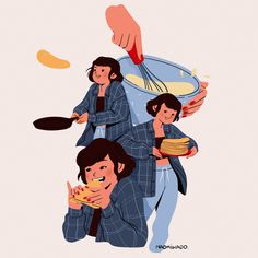 three people are cooking and one person is holding a hot dog in his hand while the other holds pancakes