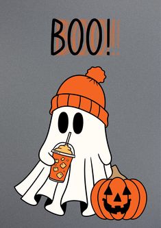 a cartoon ghost holding a drink and wearing a pumpkin hat with boo written on it