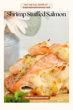 Closeup shot of shrimp stuffed salmon on wooden board. Shrimp Stuffed Salmon, Almond Crusted Salmon, Salmon Cakes Recipe, Shrimp Stuffed, Stuffed Salmon, Rice Side Dish Recipes, Salmon And Shrimp, Cake Strawberry, Recipes Family