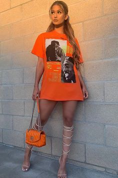 Orange Outfit, Orange Shirt, 90s Grunge, Brunch Outfit, Orange Fashion, Dope Outfits, Womens Loungewear, Swag Outfits, T Shirt Dress