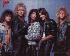 an advertisement for the band's album, featuring four men in leather jackets and leopard print