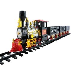 a toy train is shown on the tracks