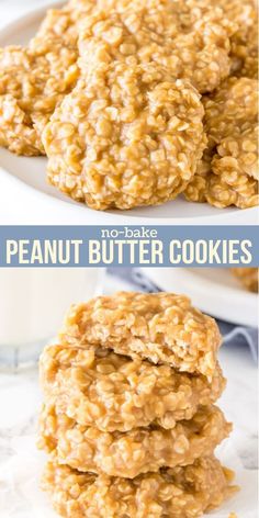 no - bake peanut butter cookies are stacked on top of each other and ready to be eaten