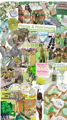 the collage shows many different things in green and white colors, including lemons, lime