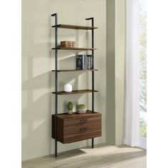 a book shelf with three shelves and two drawers