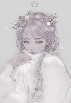 a drawing of a girl with long hair and flowers in her hair, wearing a white dress