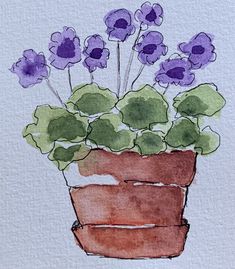 watercolor painting of purple flowers in a pot on white paper with blue and green leaves