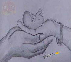 a drawing of two hands holding a baby in it's palm and an apple