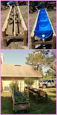 several pictures of different stages of building a water slide in the yard, including an above ground swimming pool