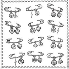 a drawing of various key chains and heart shaped pendants with hearts attached to them