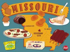 a map with some food on it and the words missouri written in large letters