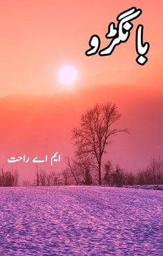 the sun is setting over a snowy field with trees in arabic writing, and an orange sky