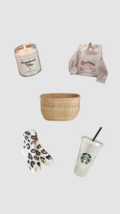 various items are arranged in the shape of a basket, coffee cup, and mittens