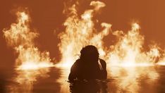 a woman is sitting in the water surrounded by fire