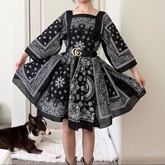 "Handmade Bandana Dress SKU 09171 Pure Black Made to order. Sizes XS to 5X. Approximate measurements of SIZE L laying flat: Pit to pit: 20\". Pit to hem: 25.5\". Shoulder to hem: 35.5\". Waist: 19.5\". Seen on 5'5\" tall. Style - 100% Cotton - The dress can be worn to either side.  - Unlined. - No pockets.(Leave a note if you need side pockets XD) Sizing(I can make this dress in any sizes upon request):  Feel free to REQUEST CUSTOMIZED Order. You will need to include your actual bust, waist and Style A Bandana, Halloween Mode, Bandana Dress, Dresses Handmade, Dress Work, Pure Black, Halloween Fashion, Sewing Pattern Design, House Dress