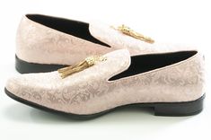 This classic style smoking loafer with its paisley pattern and golden tassels is sure to impress wherever you’re at. Perfect for weddings, or proms; The silhouette, material, and style are sure to pair wonderfully with any number of our tuxedos and dinner jackets. *As these styles of shoe tend to run larger than most regular footwear, dolce vita MEN please requests that you size down a half size (or a whole size where half is not available) to get the best fit. Luxury Gold Loafers For Party, Elegant Gold Loafers For Galas, Elegant Loafers For Spring Formal, Elegant Formal Fitted Tassel Loafers, Elegant Spring Loafers For Formal Occasions, Elegant Formal Loafers For Spring, Elegant Spring Formal Loafers, Gold Loafers For Spring Formal Occasion, Luxury Tassel Loafers For Party, Slip-on Style