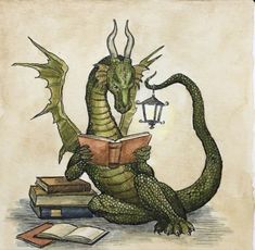 a green dragon sitting on top of a pile of books next to a lamp post