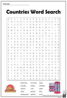 the word search page for countries word search with pictures and words to help kids learn how to