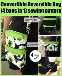 the convertible reversible bag sewing pattern is shown in four different pictures and has 4 zippers on each side