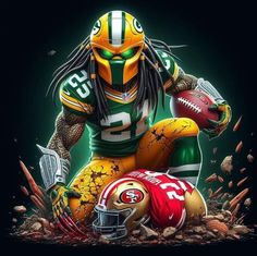 a painting of a football player with dreadlocks on his face and holding a football