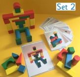 an assortment of wooden toys sitting on top of a yellow table next to each other