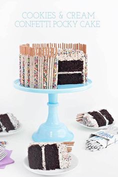 there is a cake on the plate and other desserts in the background with text overlay that reads cookies & cream confetti rocky cake