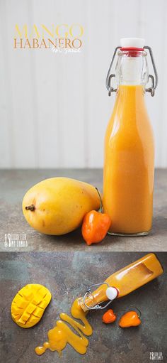 mango and orange juice in glass bottles next to fruit