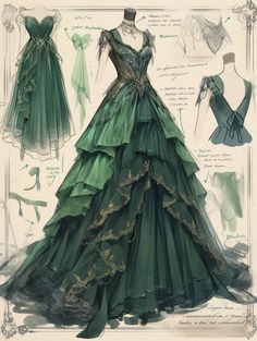 Dark Green Dress Aesthetic, Grand Dresses, Cottagecore Gown, Royalty Outfits, Creative Dresses, Whimsical Dress