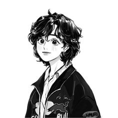 a black and white drawing of a person with curly hair wearing a jacket, looking at the camera