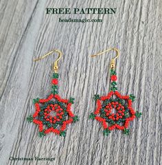 red and green beaded flower earrings on wooden table with text overlay that says free pattern