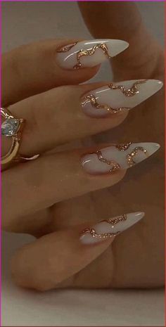 #fashion #aesthetic #knitting #nails #edit Nails Wedding Guest Ideas, Cute Stilletos Nails, Luxury Nails 2024, Short Almond Gel Nails Ideas, White Fancy Nails, Dope Nails Summer, Gorgeous Nails Designs Classy, White And Gold Acrylics, Nails Aesthetic White