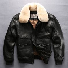 Sheepskin Jacket Casual Aviation Flight Suit Leather Jacket - Bekro's ART Men Attire, Flight Suit, Sheepskin Jacket, Sheepskin Coat, Total Black, Winter Jacket Men, Flight Jacket, Genuine Leather Jackets, Leather Jacket Black