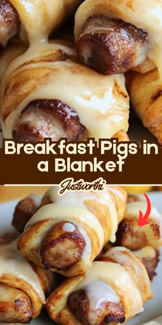 breakfast pigs in a blanket recipe on a white plate with cinnamon buns wrapped around them