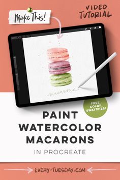 an ipad with the text paint watercolor macarons in procreate on it