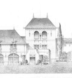 a drawing of a large house with lots of windows