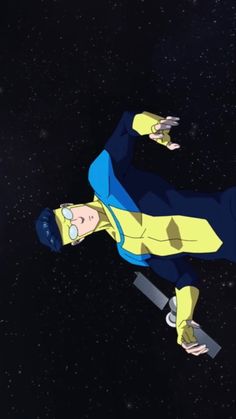 a man in yellow and blue is flying through the air with his arms outstretched out