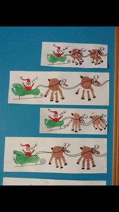 four handprints depicting santa's sleigh being pulled by three reindeer