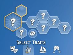 a blue background with white icons and question marks on the bottom right corner, which says select tratis?