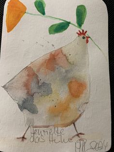 a watercolor painting of a chicken with flowers on it's head and words written in french