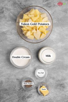 the ingredients to make yukn gold potatoes are shown in bowls on a gray surface