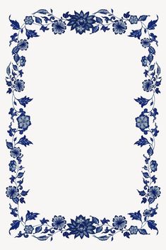 a blue and white frame with flowers on the edges is shown in this image, it looks