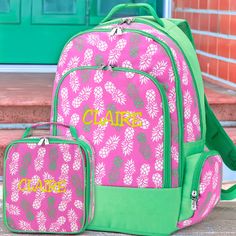 With kid-approved bright colors and fun designs, send your child back to school with personalized school supplies! Our multi-color lunchboxes and backpacks for girls and boys are a hit! Add his or her name, nickname or initials to make it even more special! Buy the set to include both a lunch bag and backpack or choose either to buy individually. Keep your kid in high style and happy to go off for a day filled with learning and socializing! The sturdy and durable backpack: 12" L x 5" W x 17" H Polyester Adjustable Comfort Fit Shoulder Straps Padded Tablet/Laptop Compartment Inside Lining Reinforced Design 3 Main Compartments with Multiple Pockets Including an Exterior Elastic Pocket Zipper Closure The spacious lunch box: 8" L x 5" W x 9" H Polyester Easy to Clean Insulated Lining Perfect F Green Preppy School Bag, Customizable Rectangular School Backpack, Personalized Green School Bag, Customizable Pink Rectangular Backpack, Green Backpack For School Events, Green Standard Backpack For School Events, Personalized Rectangular Pink Backpack, Playful Green Rectangular Backpack, Preppy Personalized Backpack For Back To School