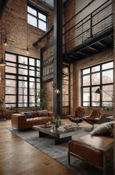 an industrial living room with exposed brick walls and floor to ceiling windows, leather couches and coffee table