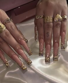 Gold Bedazzled Nails, Bling Nails Gold, Gold Nails With Diamonds, Nail Ideas Blinged Out, French Tip With Gold Rhinestones, Nails With Gold Rhinestones, Gold Junk Nails, Gold Nails Black Women, Money Nails Acrylic