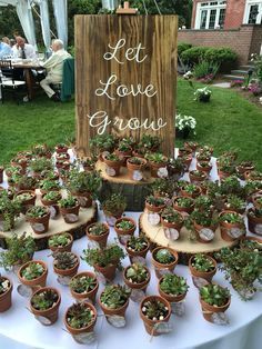 there are many potted plants on the table at this wedding reception and sign that says let love grow