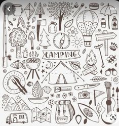 an image of camping doodles on a white sheet with the words camping written in it